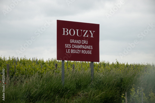 Champagne wine making region near Epernay, Champagne, France. Road signes and places of destinations, Grand, sign with types of wines produced in Bouzy, tourists route