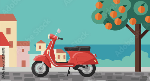 Red scooter with black seat and white front light parked on cobblestone street in front of pastel-colored buildings