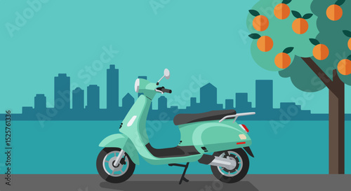 Mint green scooter with pink flower on handlebars parked on winding path near orange fruit tree with urban skyline
