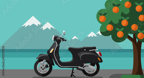 Black scooter parked on road with orange fruit tree and snow-capped mountains in background