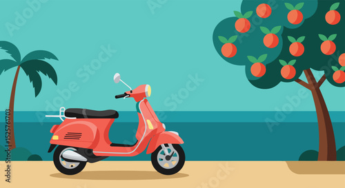 Red scooter with white license plate parked on sandy beach with palm tree and red fruit tree