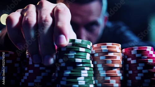 Intense poker player watches the game intently with chips in the foreground, illuminated by dramatic lighting.