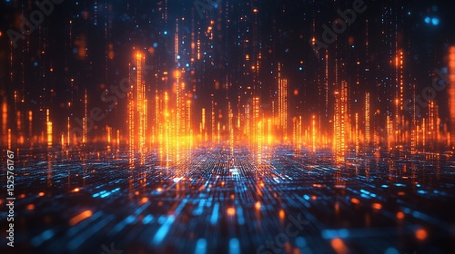 Futuristic business growth chart with glowing blue and orange bars, abstract digital background, clean corporate style.