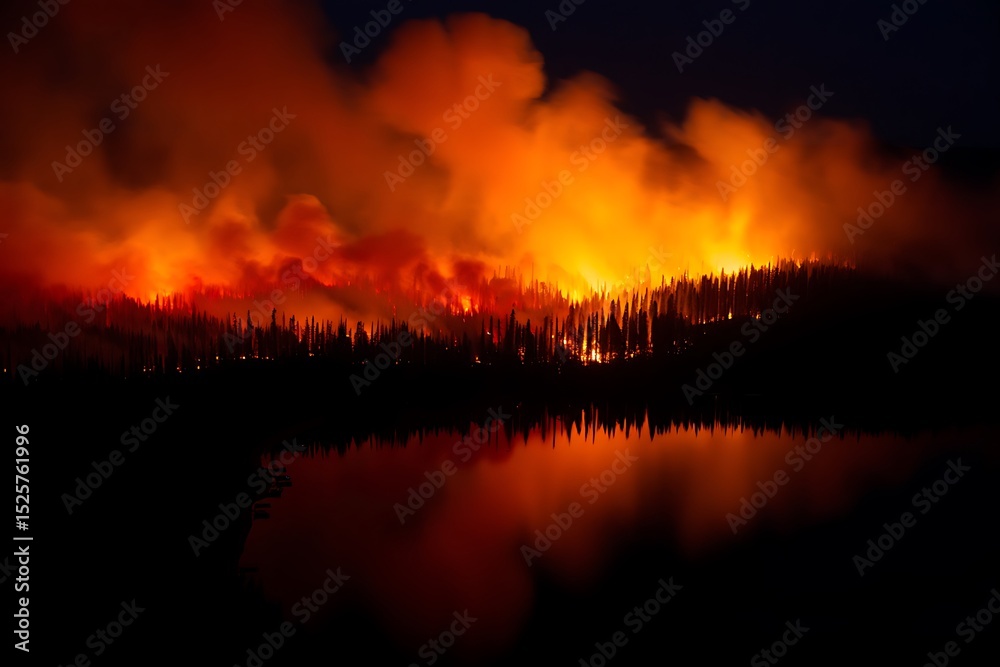 Fototapeta premium Infernal glow reflects on still lake waters, fiery forest ablaze in the night