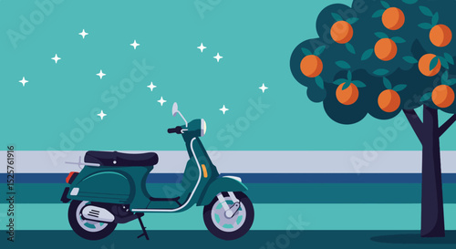 Green scooter on light blue path with orange fruit tree under starry sky