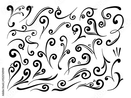 Doodle Style Curly Flourish Decorative. A graceful collection of 34 hand drawn curly flourish elements featuring botanical swirls and ornamental strokes. Perfect for branding and stationery