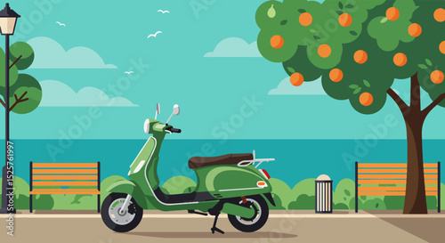 Vibrant green Vespa scooter parked outdoors with bench and tree in background