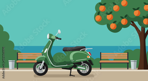 Classic green Vespa scooter parked in urban park with benches and orange fruit tree
