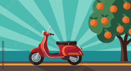 Red scooter with white seat and handlebars parked on a road next to a tree with orange fruits