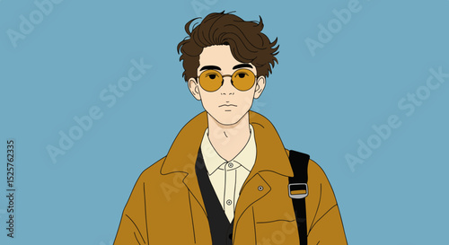 Young man in brown jacket, black turtleneck, and sunglasses with a black strap over his shoulder