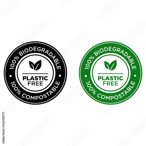100% Biodegradable Compostable Plastic Free Vector Logo Icon Stemp Green Black