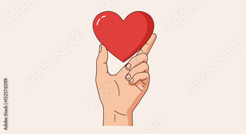 Female hand holding a vivid red heart illustration