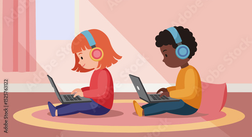Two children using laptops on a plush indoor floor with pastel pink wall and window