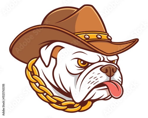 Bulldog wearing cowboy hat with gold chain around neck mascot logo vector illustration.