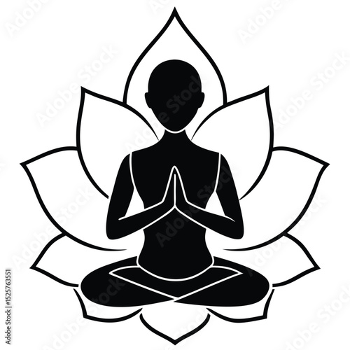 Black and white silhouette of a person meditating in lotus position with flower petals background.