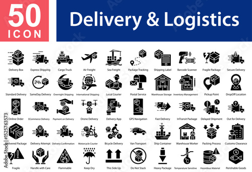 Delivery & Logistics Collection of Icons with Glyph Style. Containing: Delivery Box  ,Express Shipping  ,Cargo Truck  ,Air Freight  ,Sea Freight  ,Package Tracking  ,Shipping Label  ,Barcode Scanner  