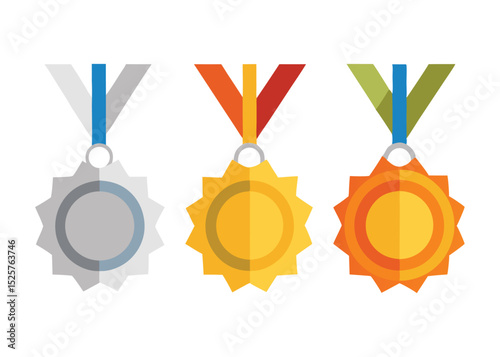 Three colorful award medals representing first second and third places on white background.