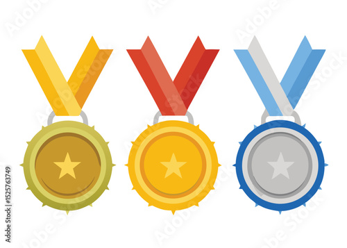 Three award medals depicting first second and third place victory on a white background. medal, awards, prize, winning, champion, competition, first, second, third.