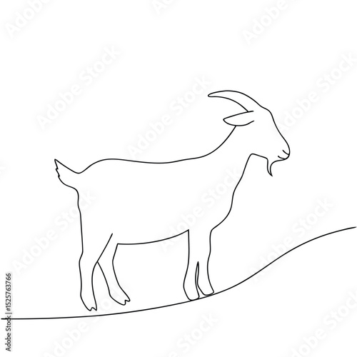 Simple and elegant black line art illustration of a goat standing on a gentle hill.