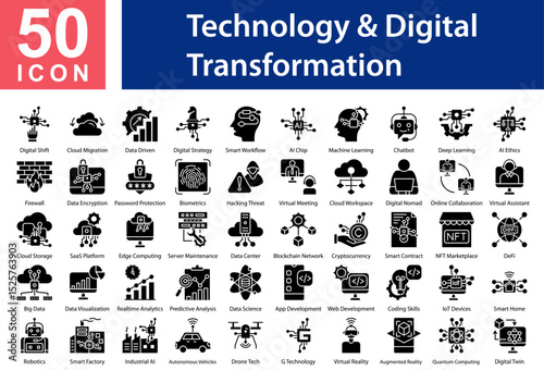 Technology & Digital Transformation Collection of Icons with Glyph Style. Containing: Digital Shift  ,Cloud Migration  ,Data Driven  ,Digital Strategy  ,Smart Workflow  ,AI Chip  ,Machine Learning  