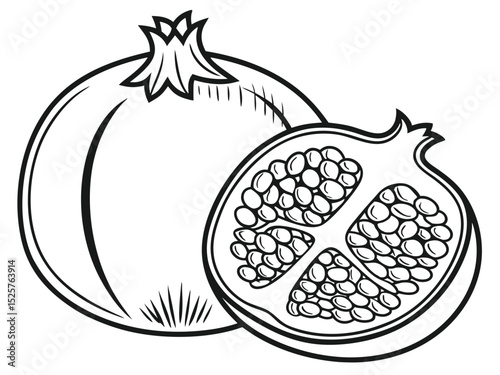 Black and white illustration of a whole pomegranate and a halved pomegranate showing the seeds inside.