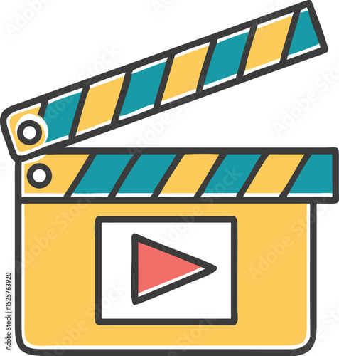 Colorful illustration of a film clapperboard icon with a play button in the center design.