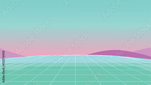 Retrowave perspective grid with pastel hues and mountains in a retro aesthetic design