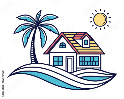 Colorful beach house scene with a palm tree sun and ocean waves in a vector illustration.