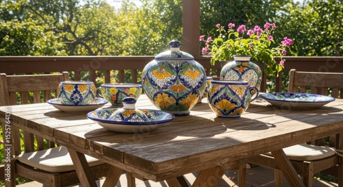 Colorful Talavera Pottery Set on a Wooden Patio Table