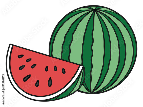 Freshly sliced watermelon and whole fruit illustration in a cartoonish and vibrant style.