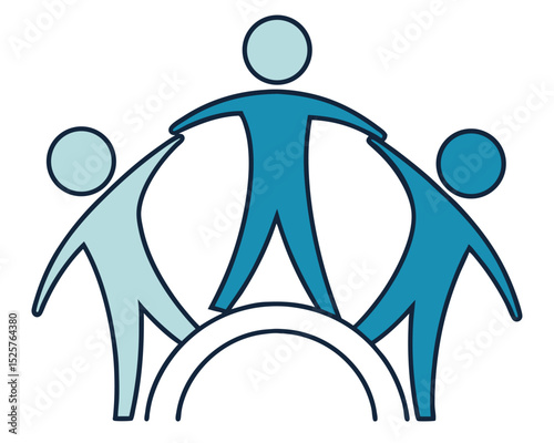Unity and teamwork concept with three figures reaching for each other in collaboration.