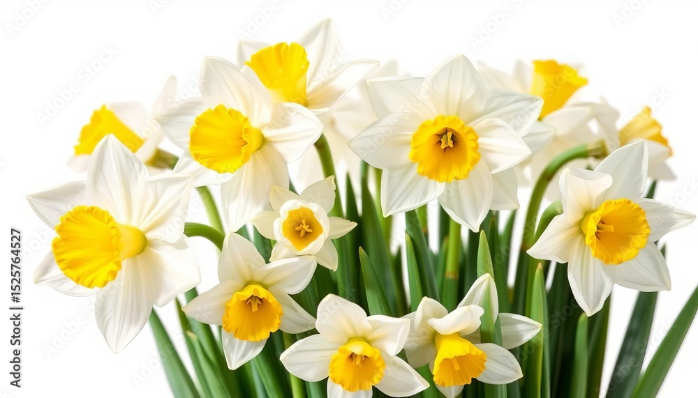 Fototapeta premium Close-up of pristine white narcissus and daffodils, isolated on pure white background, narcissus poeticus, spring