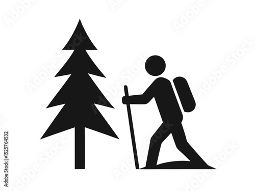 Silhouette of a hiker with backpack and walking stick near a pine tree in nature.