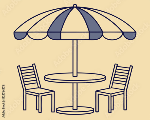 Outdoor patio set illustration with umbrella table and chairs in minimalist style. patio, outdoor, furniture, umbrella, table, chairs.