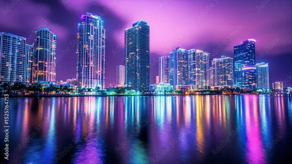 Vibrant city skyline at night, reflecting colorful lights on water Vibrant city skyline at night, reflecting colorful lights on water
