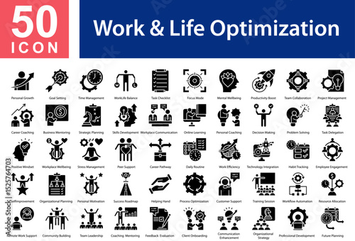 Work & Life Optimization Collection of Icons with Glyph Style. Containing:  Personal Growth  ,Goal Setting  ,Time Management  ,Work-Life Balance  ,Task Checklist  ,Focus Mode  ,Mental Wellbeing  ,Prod