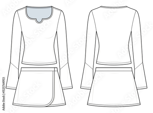 Scallop Notch-Neck Long Sleeve Top and Wrap Mini Skirt Set Technical Fashion Illustration. Women’s Two-Piece Outfit Vector Template. Matching Set. Front and Back View. Feminine Style. CAD Mockup Set.