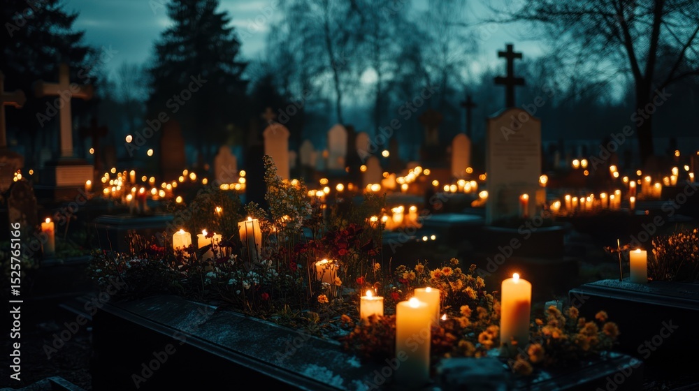 Fototapeta premium Solemn ambiance: A peaceful evening in the cemetery illuminated by glowing candles