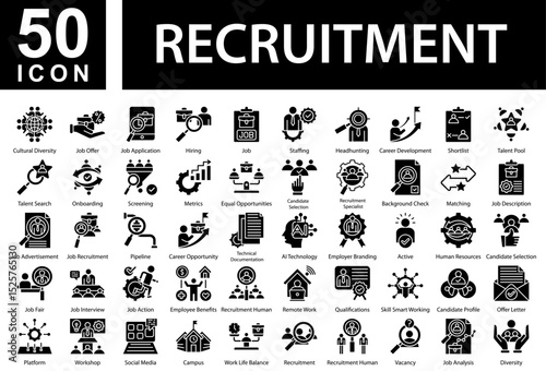 Recruitment Collection of Icons with Glyph Style. Containing: Cultural Diversity  ,Job Offer  ,Job Application  ,Hiring  ,Job  ,Staffing  ,Headhunting  ,Career Development  ,Shortlist  ,Talent Pool  