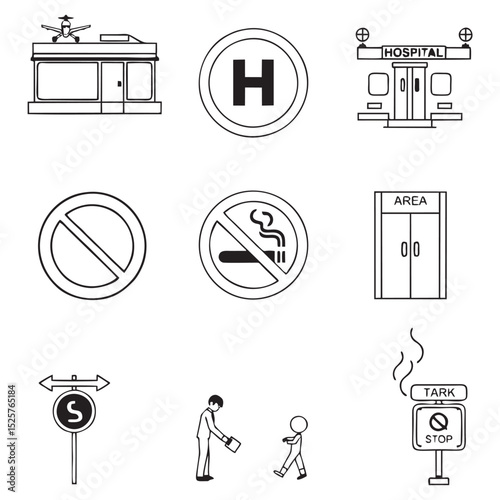No Smoking Public Area Icons – Outline Vector Set for Urban Health Awareness