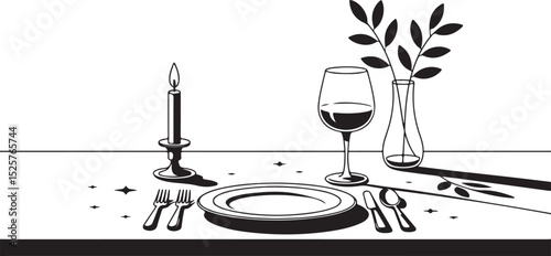 Minimalist Elegant Dinner Table Setting with Single Place Setting, Candle, and Wine for Romantic or Intimate Dining