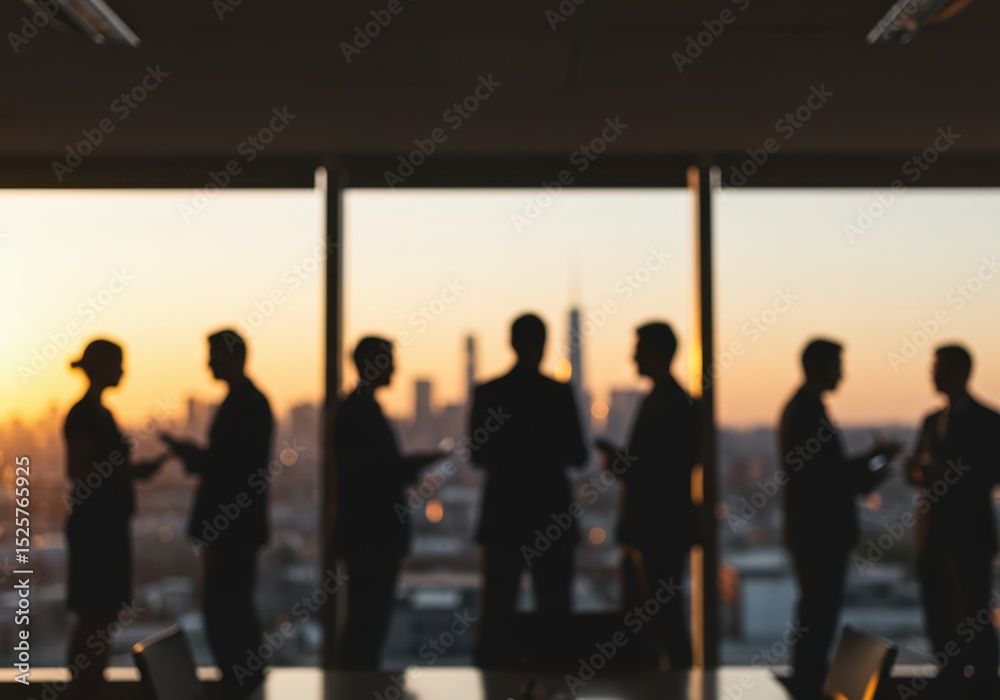 Silhouettes of business people in office with city skyline view at sunset discussing strategy Silhouettes of business people in office with city skyline view at sunset discussing strategy