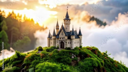 Wallpaper Mural Fairytale castle perched atop a green hill, surrounded by mystical fog and illuminated by a warm, golden sunset glow in the background. Torontodigital.ca