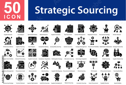 Strategic Sourcing Collection of Icons with Glyph Style. Containing: Supplier Network,Cost Analysis,Spend Optimization,Market Research,Supplier Evaluation,Risk Assessment,Contract Management