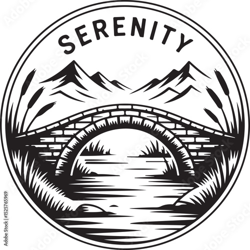 "Serenity" - Tranquil Landscape with Stone Bridge, Mountains, and Water - Ideal for Zen, Nature, and Peaceful Themes