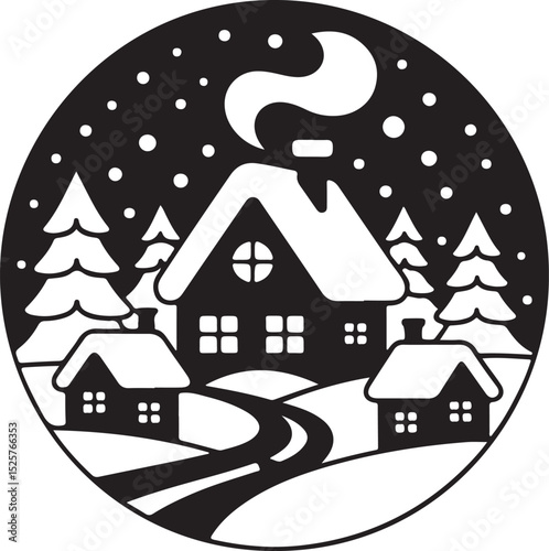 Cozy Snowy Winter Village at Night with Warm Lights and Pine Trees - Ideal for Holiday, Christmas, and Seasonal Designs