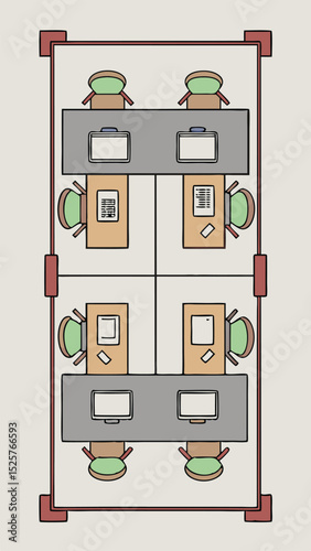 Top-down view of a minimalist office space design with workstations illustration