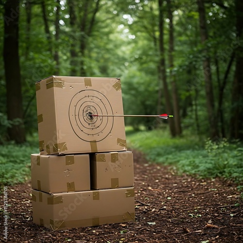 A series of stacked cardboard boxes, crudely taped together, forming an improvised archery target. A rough bullseye is drawn with charcoal, and a single, bent arrow is visibly stuck. 