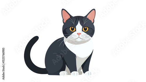 An adorable, playful black cat cartoon with a bow, a cute young kitten looking funny with big eyes