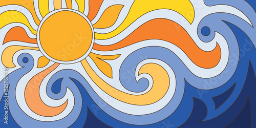 Abstract stylization of sea and sun, vector drawing, cartoon illustration